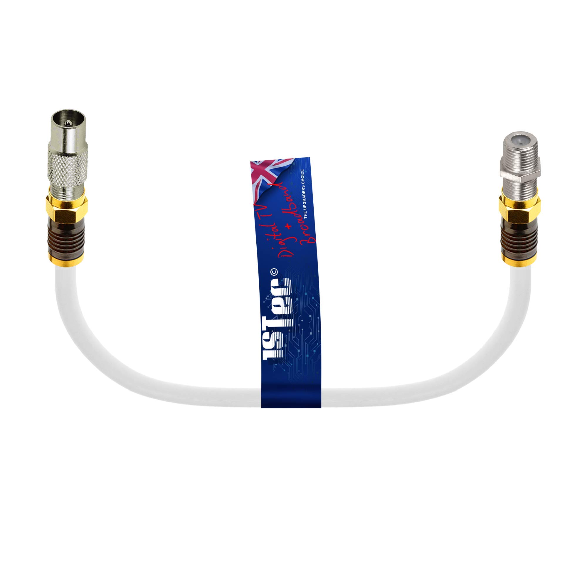 1STec Short TIVO Digital Set Top V6 Box Small Replacement IEC Cable Wire with Push on F-connector Quick Fit to Male Coaxial Plug in Little Adapter Coax Aerial Isolator/Splitter Lead (30cm White) — image 1