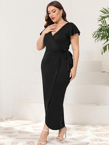 2025 WOMENS DEEP CROSS V NECK RUFFLE SLEEVE TULIP HEM PLUS SIZE WORK COCKTAIL PARTY ELEGANT RUCHED LONG WRAP DRESS BLACK