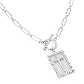 Sterling Silver Cross Pendant Necklace, Chunky 14K Gold Plated Cross Necklace for Women Trendy Toggle Clasp Paperclip Chain Dainty Religious Jewelry Gift for Christian Faith Baptism First Communion