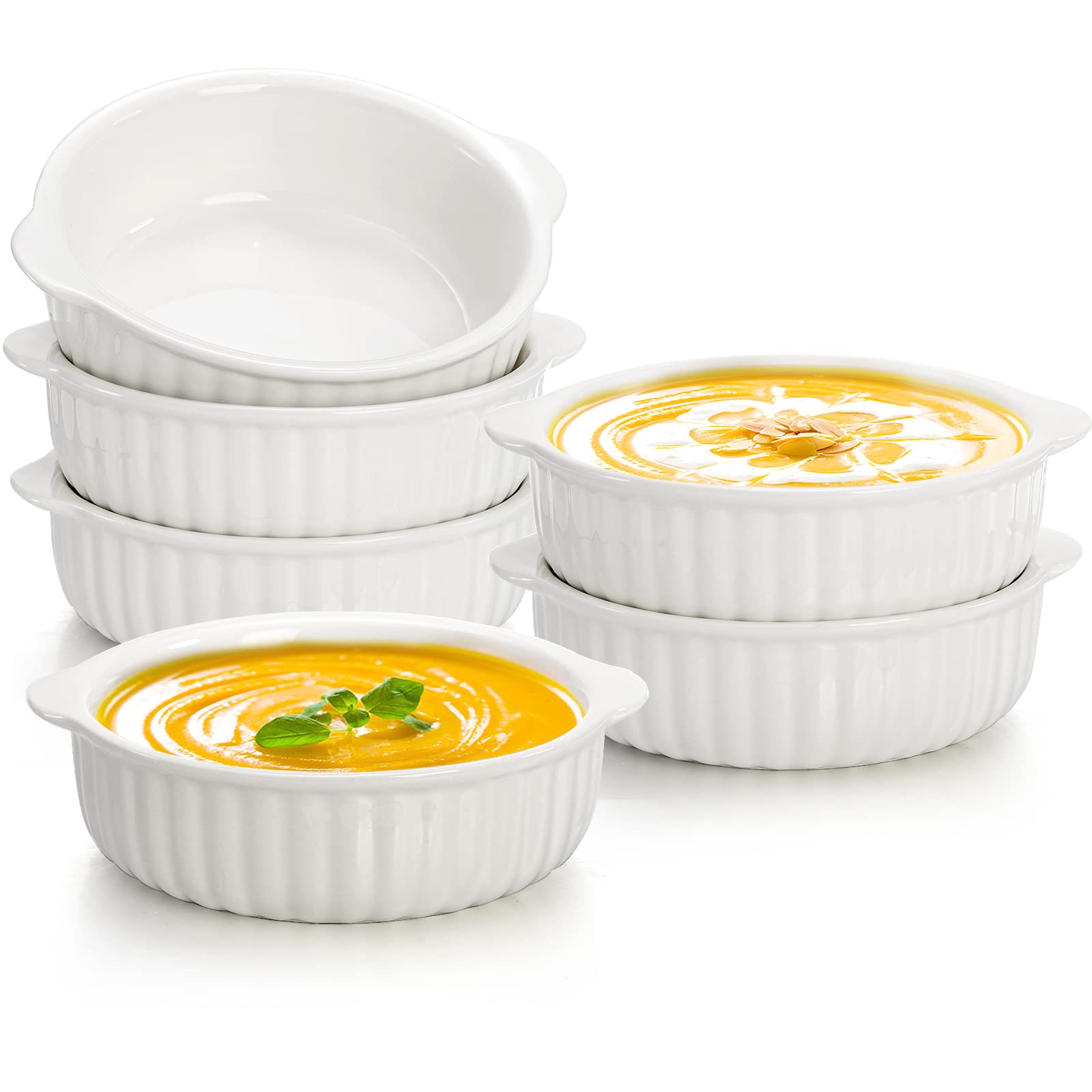 Photo 1 of 6 Pack Large Porcelain Ramekins, 14 Oz Ceramic Creme Brulee Souffle Baking Dishes with Handle, 5 Inch French Onion Soup Bowls for Ramen, Stew, Lava Cakes, Pot Pie, Oven Safe, White