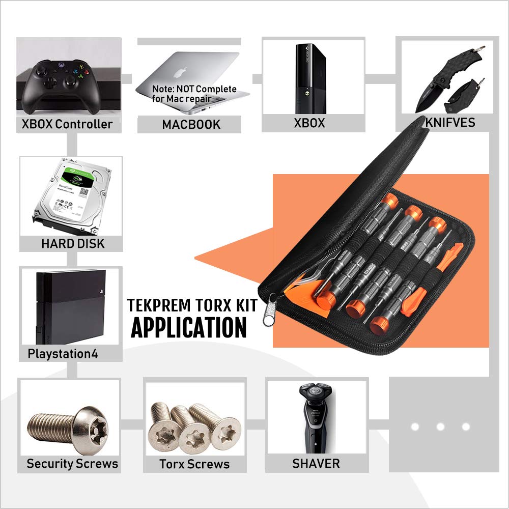 TEKPREM 10 in 1 Torx Screwdriver Set with T4 T5 T6 T8 T9 T10 Torx Security Set,Small Precision Torx Repair Kit for Apple,Macbook,Mac mini,Xbox one Xbox360 Controller,PS3,PS4,Computer and Pocket Knives
