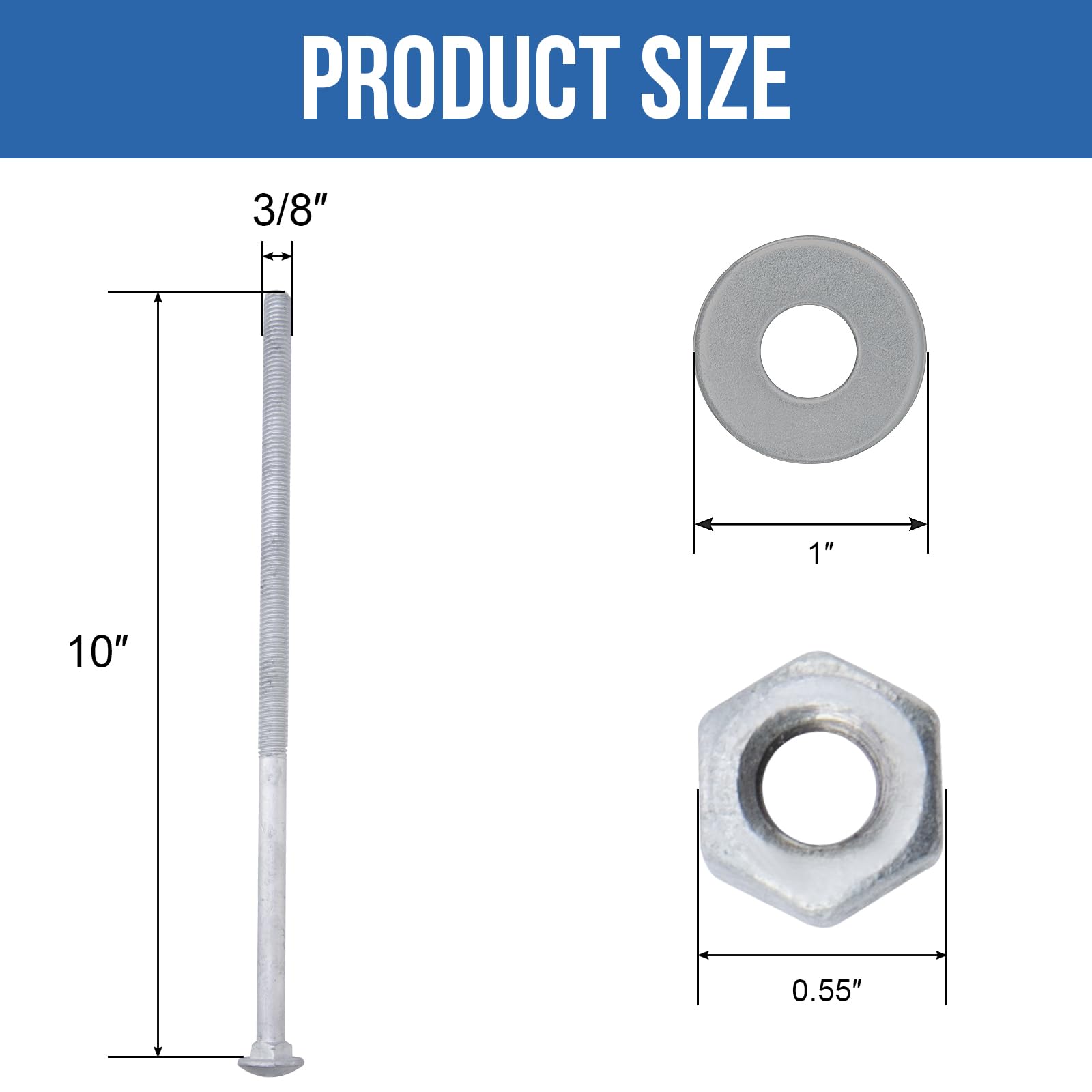 Condition photo showing As Is for hromigry 3/8" x 10" carriage bolts (25 pcs), hot dip galvanized, heavy duty round head with washers
