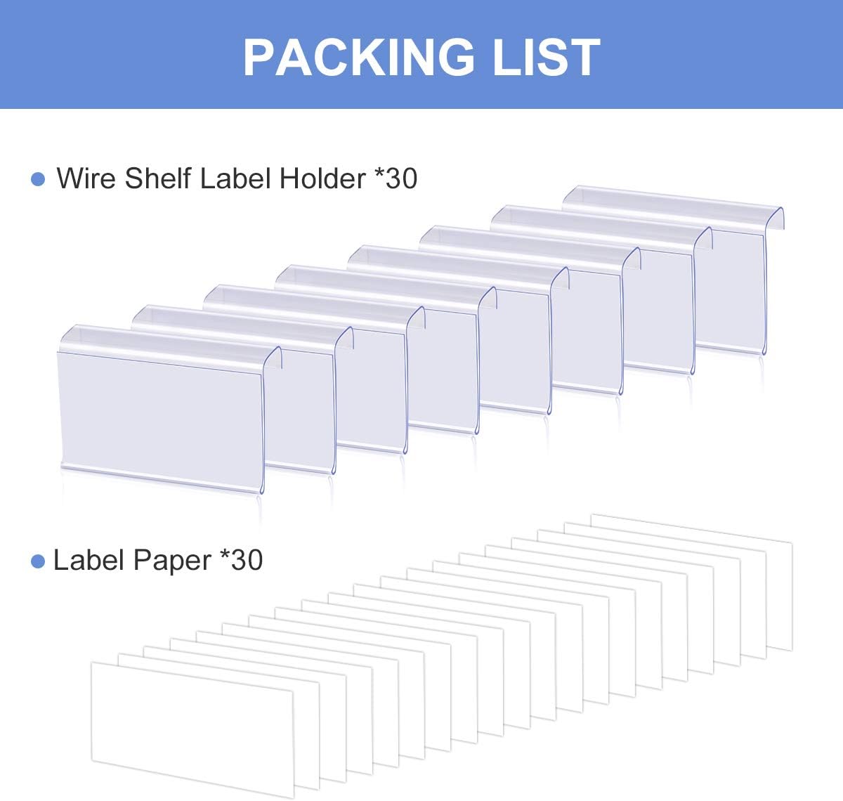 Lenink 30 Pcs Clear Plastic Label Holders, L Shape Sign Holder with 30Pcs Label Paper Compatible with 0.59in Thick Shelves for Supermarkets, Shops, Tables, Shelves Displaying Label Area 3in Lx1.7in H : Office Products