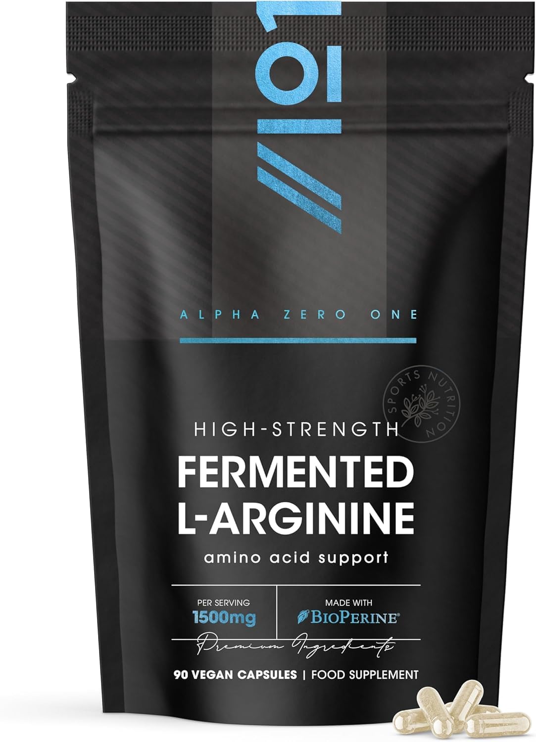 Fermented L-Arginine 1500mg with BioPerine® & Biotin - 90 Vegan Capsules – High Strength Amino Acid Supplement – Resealable and Recyclable Pouch – By Alpha01