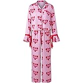 WNGECAT Women 2 Piece Valentines Day Heart Print Pajama Set Long Sleeve Button-up Tops and Pants Sleepwear Outfit