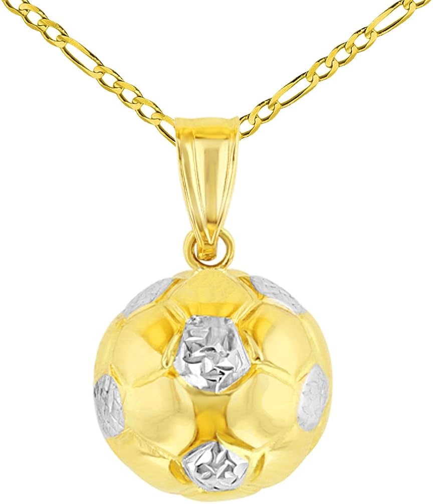 High Polished 14K Yellow Gold Soccer 3D Ball Charm Sports Pendant with Figaro Chain Necklace, 16