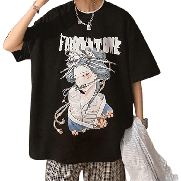 Men Vintage Geisha Graphic T-Shirt Japanese Harajuku Y2K Anime