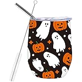 Whaline Halloween Stainless Steel Wine Tumbler with Straw and Lid Ghost Pumpkin Coffee Mug Black White Orange Insulated Tumbler for Hot and Cold Drinks