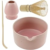 Matcha Whisk Set 4 Pcs Ceramic Matcha Making Kit Includes Matcha Bowl and Whisk Holder Bamboo Scoop Japanese Matcha Tea Set for Tea Lovers (Pink)