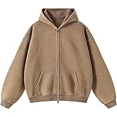 Talakeno Womens Double Zip Up Hoodies Oversized Heavyweight Fleece Sweatshirt Acid Wash Hoodie Vintage Distress Cotton Jacket