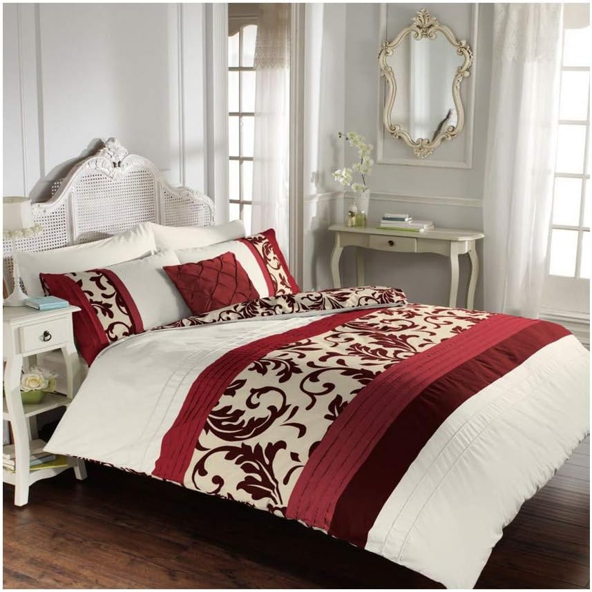 Duvet Quilt Cover Set with Pillowcases Reversible Polycotton Bedding (Scroll Red, Double)