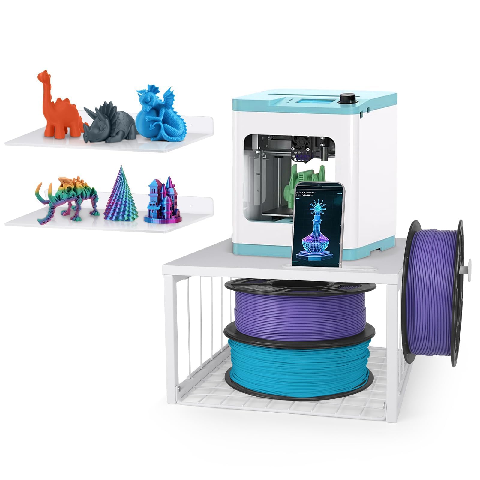 Photo 1 of Kids 3D Printer Stand with Filaments Storage, 2-Tier Mini 3D Desktop Printer Stand with Side Spool Holder, 3D Printer Desk Organizer with 2 Pack Acrylic Shelves for Beginners, Wall-Mountable, White