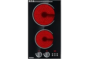 Eelectric Cooktop 12inch, ECOTOUCH 2 Burner Radiant Electric Cooktop Built-in, 12" Stove Top Knob Control,Timer&Child Safety Lcok, 3000W, 220-240V for Hard Wire(No Plug)