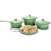 Nonstick Enameled Cast Iron Cookware Set,7 Pcs Pots and Pans with Lid, Frying Pan Skillet, Sauce Pan, Healthy Round Dutch Oven Pot for Sourdough Bread Baking on All Stovetop, Pistachio Green