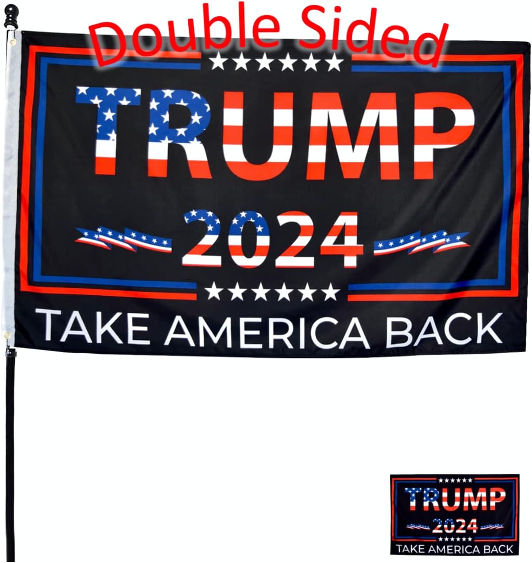 Flags - Double-Sided Trump 2024 Flag - Take America Back - 3x5 Foot Indoor Outdoor Decoration Banner With a FREE Sticker - Double-Sided Banner With Vivid Patriotic Colors and 2 Brass Grommets (3 ply / Double Sided)