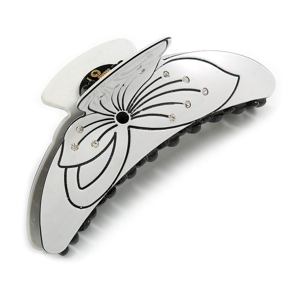 Large White/Black Floral Motif Acrylic Hair Claw/Hair Clamp - 12cm Across