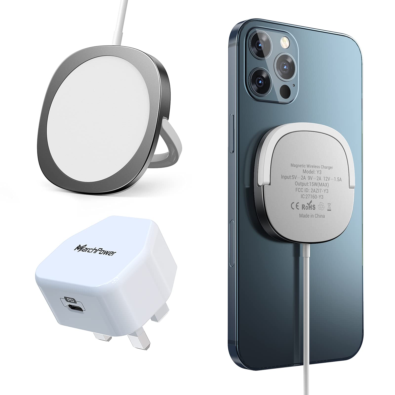 Marchpower Magnetic Wireless Charger, 15W Magnetic Wireless Charging Pad Compatible with iPhone 13 Pro 12 12 mini 12 Pro 12 Pro Max, Airpods Pro, Fast Charging Stand with 20W USB C Plug - Siliver