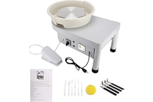 YAEKOO 25CM 350W Table Top Pottery Wheel Electric Ceramic Work Forming Machine with Foot Pedal Removable Detachable ABS Basin 11pcs Clay Art Craft Shaping Tools (White)
