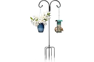 Heavy Double Shepherds Hook for Outdoor:76 Inches Garden Bird Feeder Pole with 5 Prongs, Adjustable Metal Bird Feeder Stand f