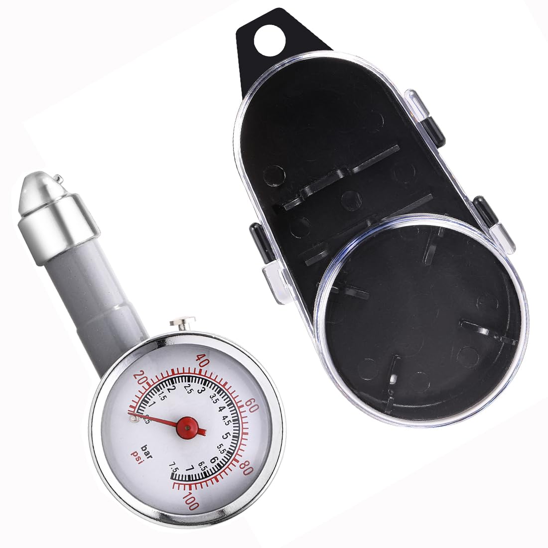CZC AUTO Small Tyre Pressure Gauge 100 PSI (7 Bar) ANSI B40.1 Mechanical with Case for Car Van Bike Truck RV Motorcycle