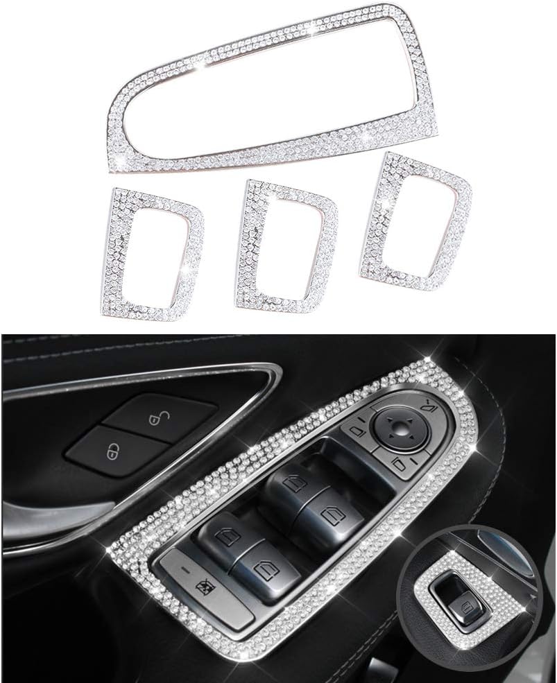 Mercedes Accessories Benz Parts Trim Window Control Switch Button Regulator Covers Decals Sticker Interior Visors Decorations W205 X253 C-Class GLC AMG Women Men Bling Crystal (Silver)