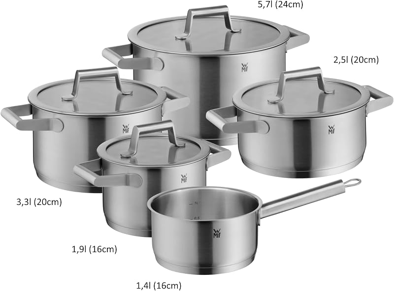 Comfort Line Set de 5 casseroles à induction, avec couvercle en verre, acier inoxydable Cromargan mat, écailles, induction empilables, non revêtu.