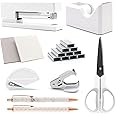 White Office Supplies, Shellvcase White Desk Accessories, Stapler and Tape Dispenser Set for Women with Stapler, Tape Dispenser, Staple Remover, Staples, Clips, Scissor and Pens for Students