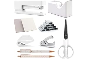 White Office Supplies, Shellvcase White Desk Accessories, Stapler and Tape Dispenser Set for Women with Stapler, Tape Dispenser, Staple Remover, Staples, Clips, Scissor and Pens for Students