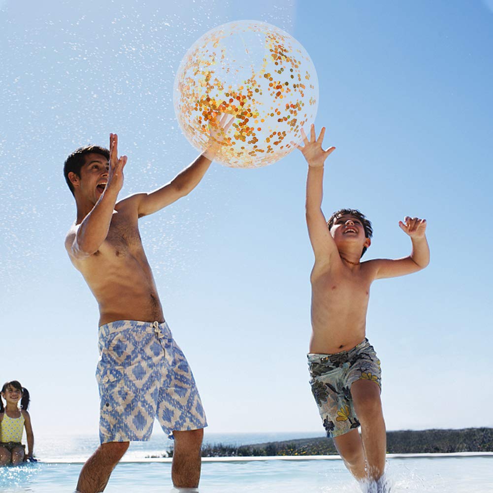 AMOR PRESENT Beach Ball, 16Inch Inflatable Glitter Swimming Pool Balls for Beach Party Favor