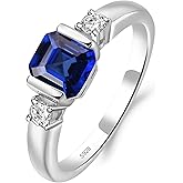 LUO 925 Sterling Silver Asscher Cut Gemstone Ring For Women, 6X6 MM Half Bezel 3 Stones Promise Engagement Ring