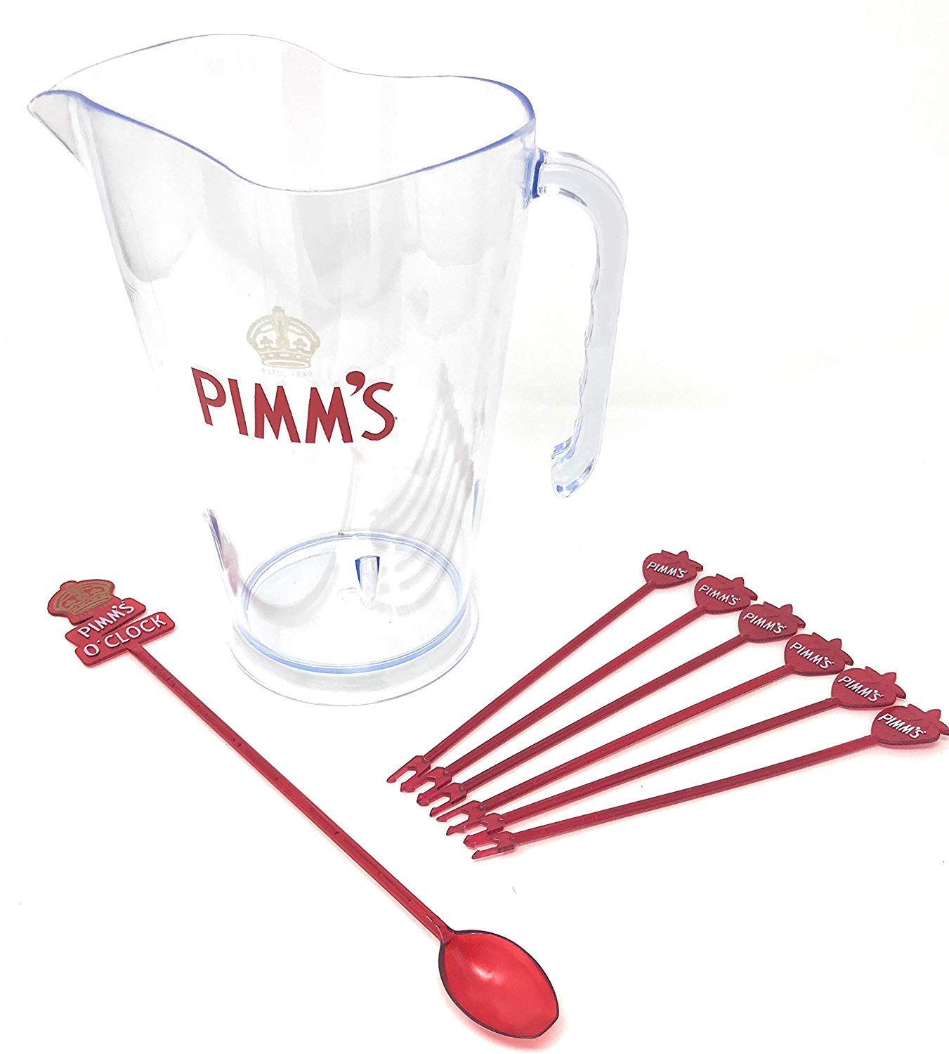 Pimm's Party Pack: 1 x Pimm's Crown Plastic Jug, 6 x Pimm's Strawberry Forked Stirrers & 1 x Pimm's O'clock Jug Spoon