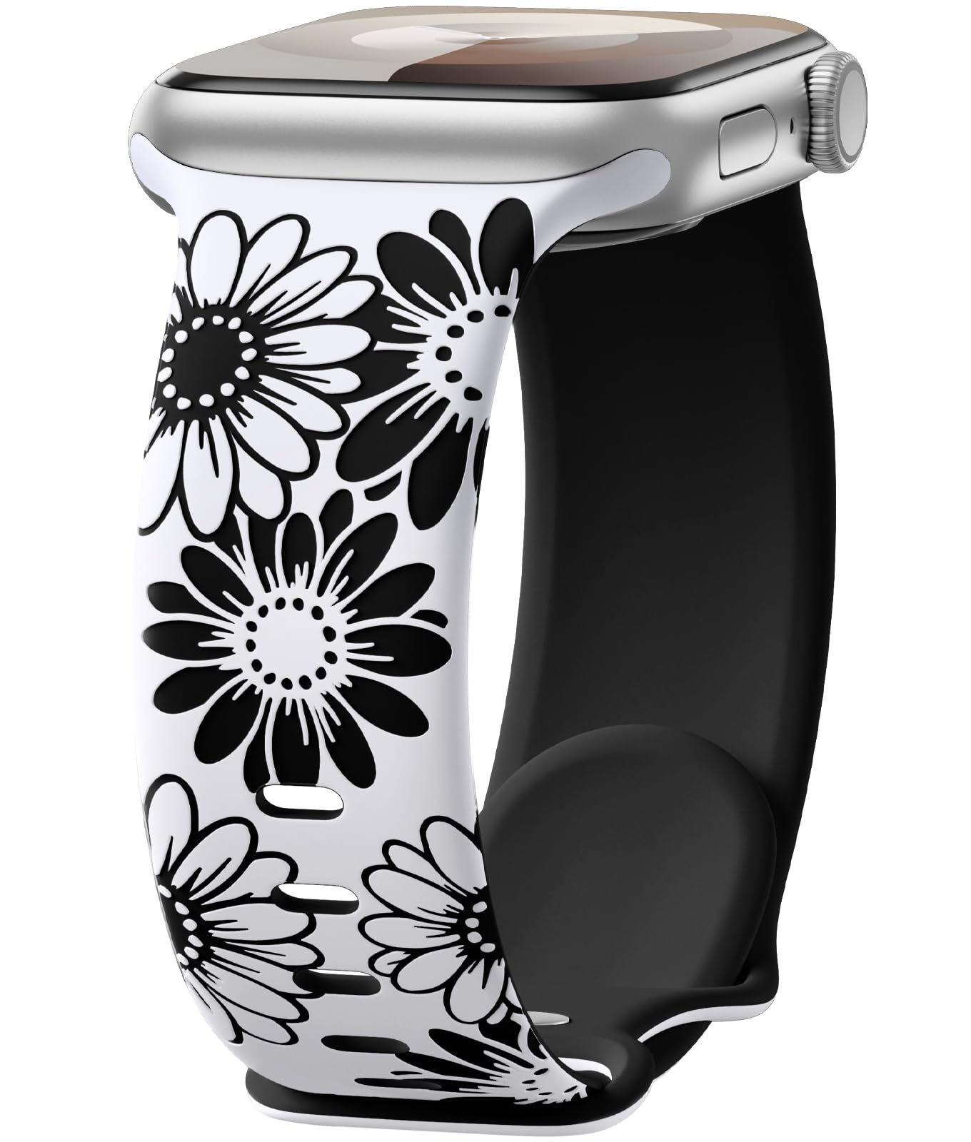 Maledan Floral Engraved Strap Compatible with Apple Watch Straps 45mm 44mm 42mm 46mm 49mm Women, Two-Tone Flower Silicone Sport Band for iWatch SE Series 11 10 9 8 7 6 5 4 3 2 1 Ultra, White/Black