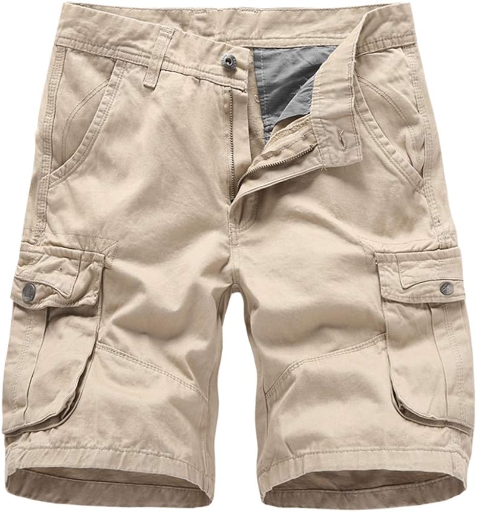 Lviefent Mens Loose Relaxed Fit Multi Pocket Cotton Cargo Shorts (Khaki