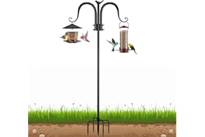 OZMI Double Shepherds Hook for Outdoor, 80 Inch Adjustable Heavy Duty Bird Feeder Pole with 5 Prong Base, Bird Feeder Stand Hanger for Plant Baskets, Lanterns, Wind Chimes, Hummingbird Feeder (1 Pack)