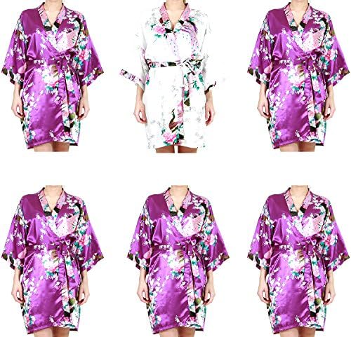 Set of 6 Bridesmaid Robes 1 White and 5 Purple (regular- length 36")