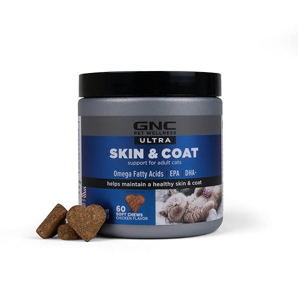 GNC PETS ULTRA SKIN & COAT SOFT CHEWS, CHICKEN FLAVOR CAT VITAMINS, ANTI SHEDDING SUPPLEMENT FOR CATS WITH DRY SKIN, TREATMENT AND DANDRUFF RELIEF, 60 COUNT