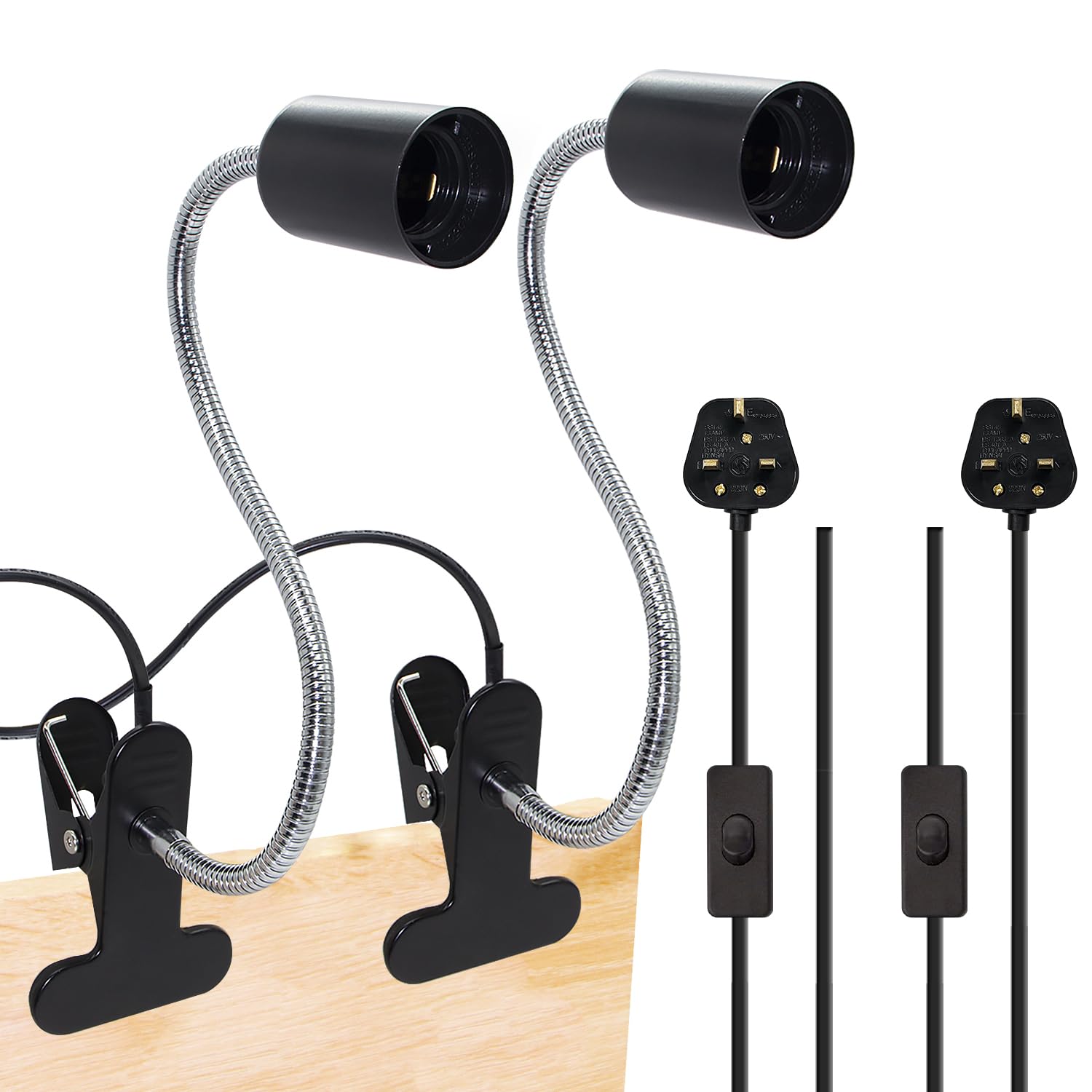 Metal Clip on Light 2Pcs Clip on Bulb Holder Flexible E27 Lamp Holder, Black Clamp Light with 360° Rotatable Gooseneck and 220 cm Cable Switch, Clip on Lamp for Bedroom, 60W Max（Bulb not Included）