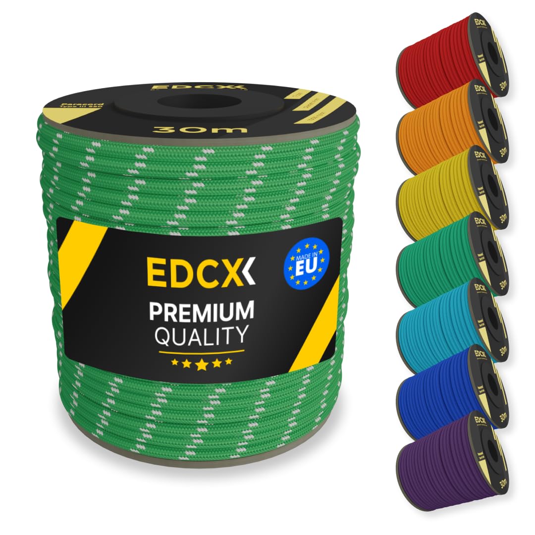 EDCX 4mm Nylon Paracord 550 30m (100 feet) | Ideal for Camping, Survival, Outdoor, Crafting, DIY | 100% Nylon Rope 4mm | Paracord 550 Type III in Solid Color (Reflective Green, 30 m)