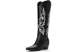 Platikly White Cowboy Boots for Women - Wide Calf Rhinestone Cowgirl Boots, Women Knee High Western Boots, Glitter Sparkly Ladies Tall Boots with Classic Embroidery and Side Zipper, Retro Classic Country Boots Pull On for Ladies