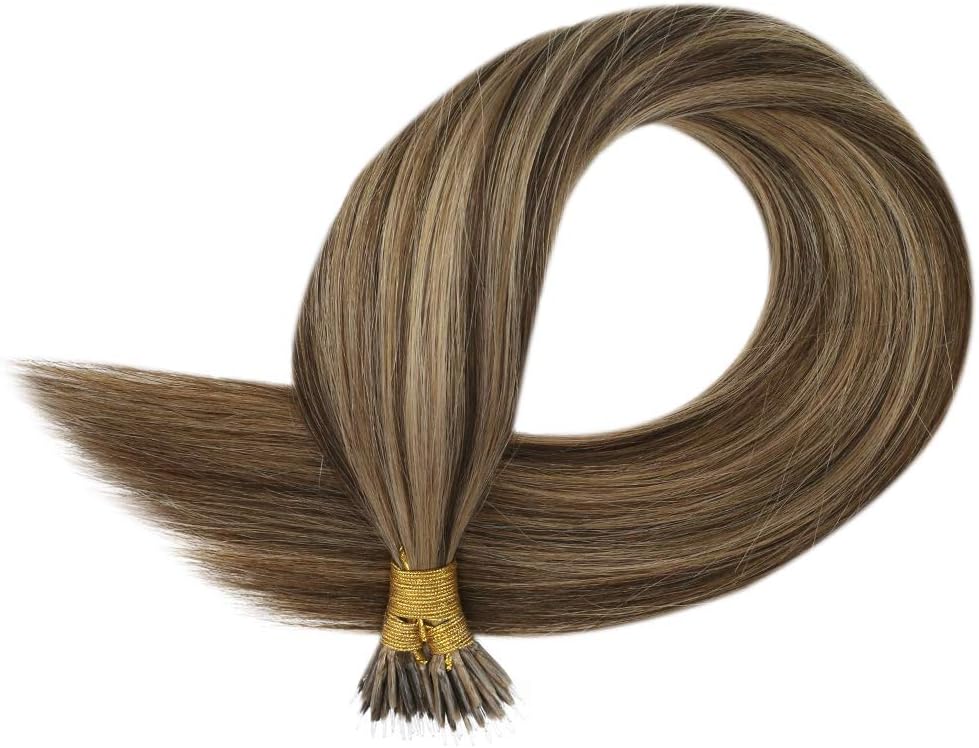 YoungSee Nano Beads Hair Extensions Brown 16inch Nano Tip Hair Extensions Real Human Hair Dark Brown Highlights Caramel Blonde Pre Bonded Nanolink Extensions for Wedding Cold Fusion 50s 50g - Image 3