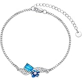 Lvoryance Created Aquamarine Bracelet with Blue Flower 925 Sterling Silver March Birthstone Aquamarine Bracelet with Box Chain Anniversary Jewelry Gift Women