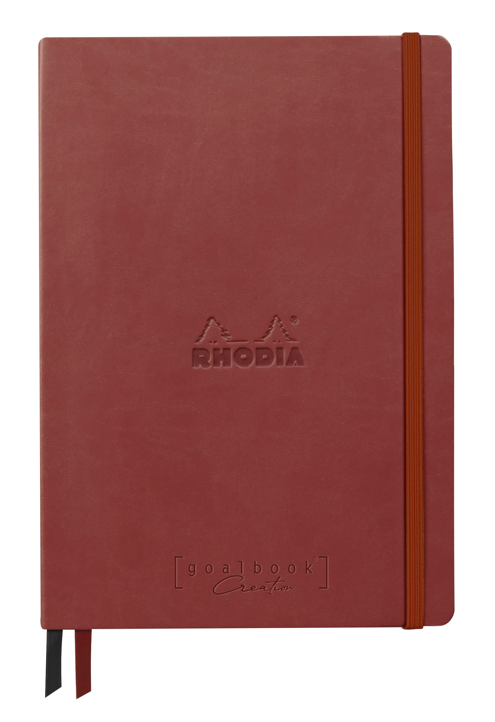 RHODIA 194443C - Rigid Notebook Goalbook Creation Orangerot - A5 - 14,8 x 21 cm - Dotted - 160 pages Paper Maya Black 120 g/m² - 2 Ribbons - Faux Leather Cover