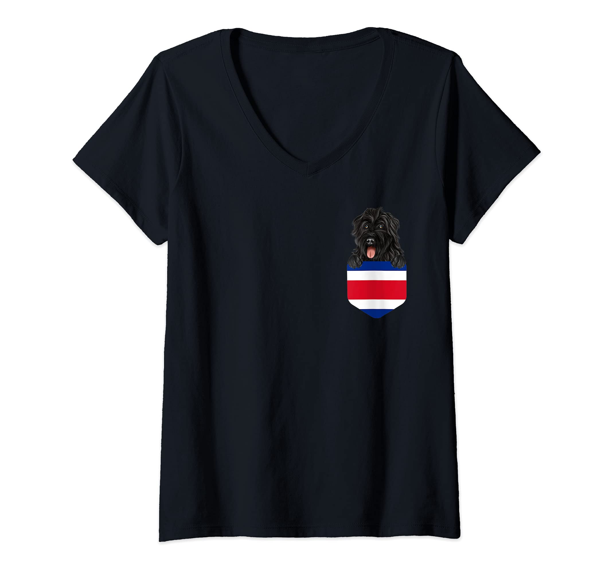 Womens Costa Rica Flag Bouvier des Flandres Dog In Pocket V-Neck T-Shirt