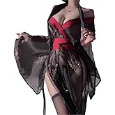 SENJIY sexy kimono lingerie for women costume cosplay robe Perspective Cute open front Deep V-Neck Floral Pattern short dress japanese Yukata Anime Side Slit suit Sleepwear Pajamas outfit set black