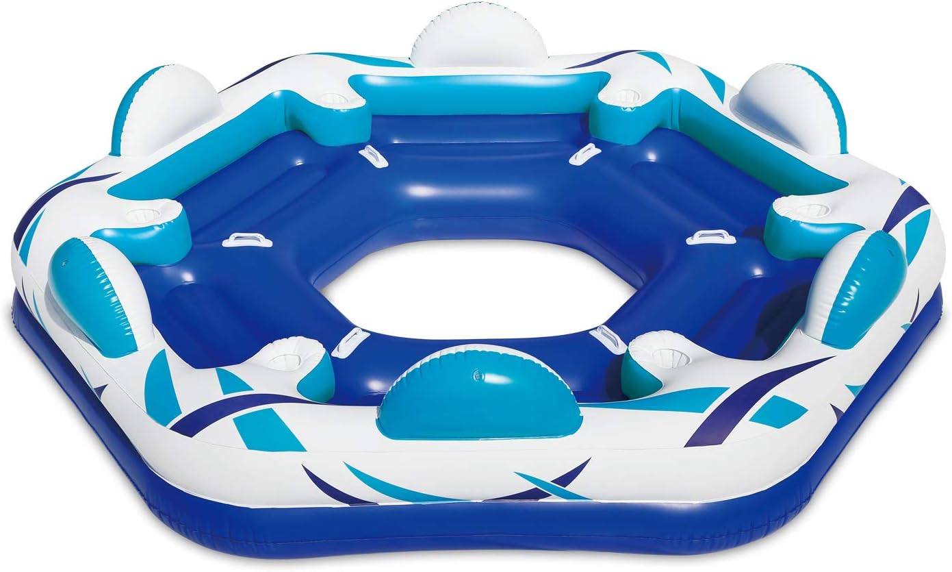 Summer Waves Inflatable 6 Person Party Pad Swimming Pool Beach Lake Float Island with 6 Cupholders and Backrests
