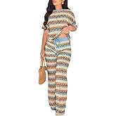 Two Piece Cover Up Sets for Women Crochet Knit Hollow Out Striped Short Sleeve Tops Wide Leg Pants Sweater Outfits