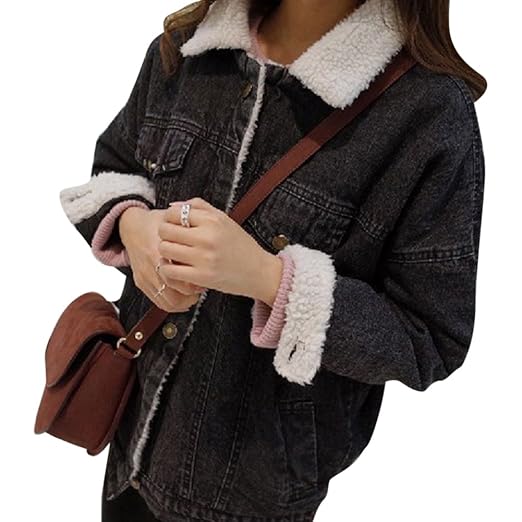 Qitun Jeansjacke Damen Warm Mädchen Winterjacken Übergangsjacken Denim Verdicken Jacken Locker Mit Taschen Casual Outerwear