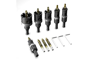 METOTY 12 PCS Heavy-Duty Hole Saw Set, Tungsten Carbide Tipped Cutters with Pilot Drill Bits for Stainless Steel, Aluminum, Iron, Plastic - Enhanced Cooling and Matte Black Finish((5/8"- 1-1/2) 16-38mm)