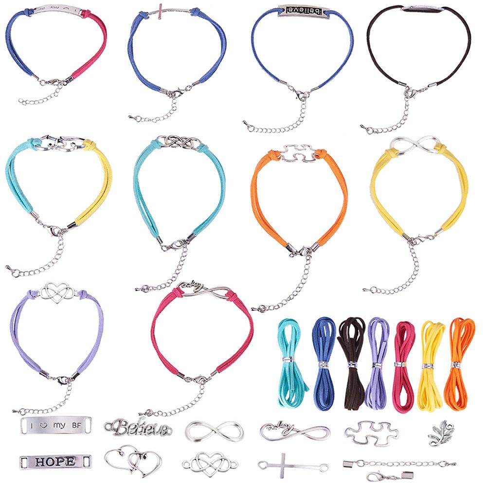 SUNNYCLUE 7 Colors 7m Leather Suede Wrap Bracelet Making Kit Heart Connector 10pcs Word Charms Infinity Charm Links for Jewellery Making Kits DIY Rope Wristband Bracelets Graduation Gift Supplies