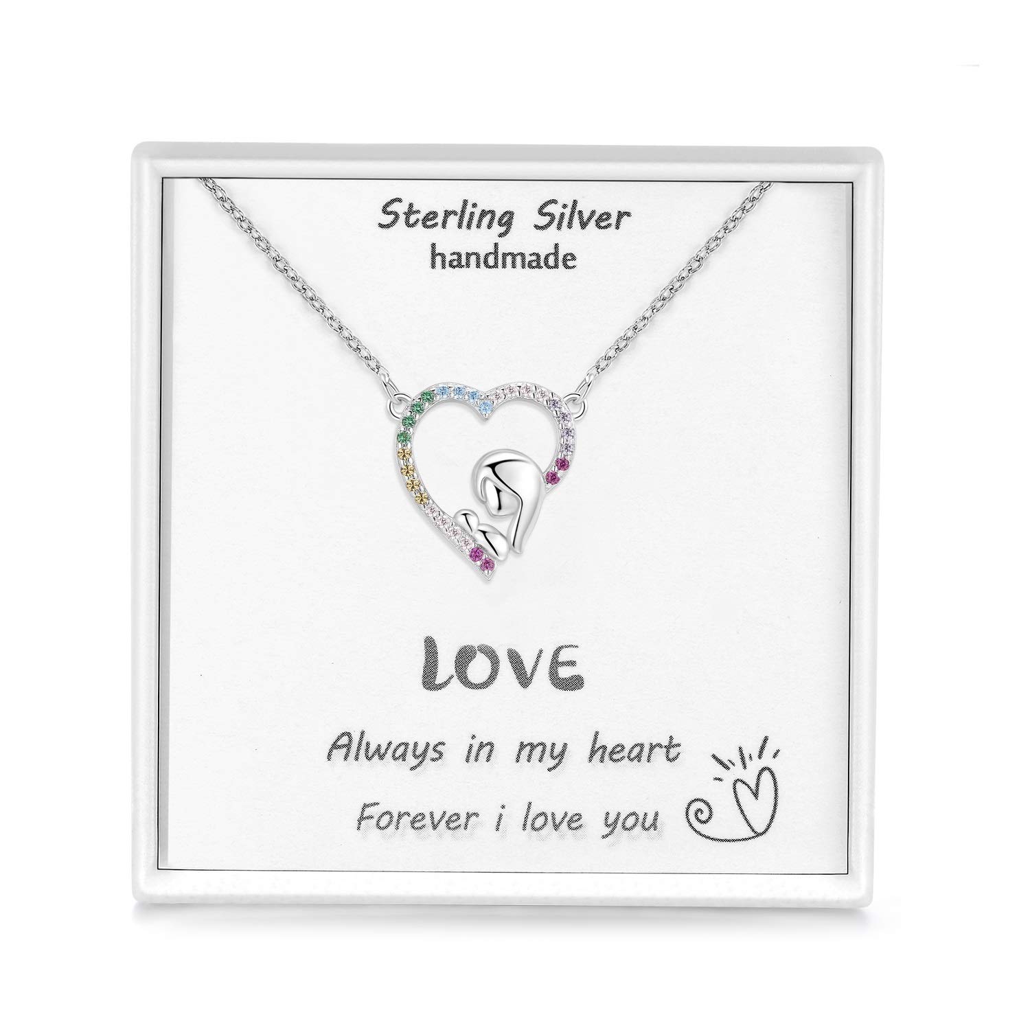 Qings Women Heart Necklace 925 Sterling Silver“Mother Holding Child ”Pendant Necklaces with Coloured Cubic Zirconia,Birthday Gift for Daughter